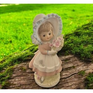 Lefton China Young Girl Pink Dress Sun Bonnet Flowers Bisque Figurine KW229 VTG